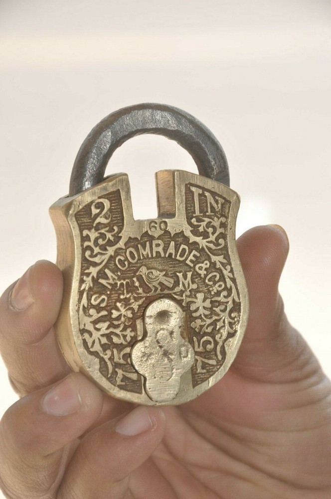Vintage Brass Handcrafted Lines & Bird Engraved Solid Padlock, Nice Patina