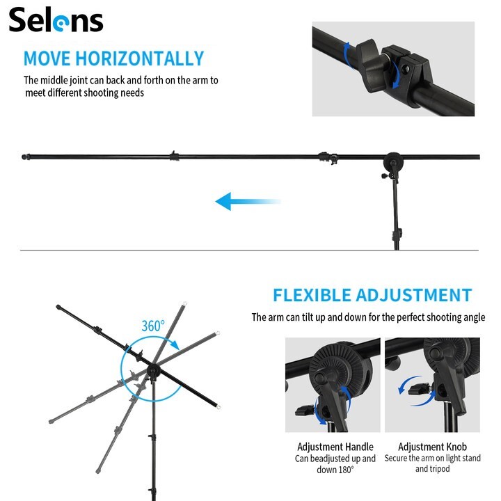Selens 6.5FT Light Stand Photo Studio Reflector Holder Boom Arm + Sand Bag