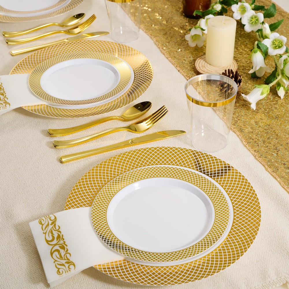 FOCUSLINE 10" Dinner Plates, 7" Dessert 175Pack Gold Dinnerware Set