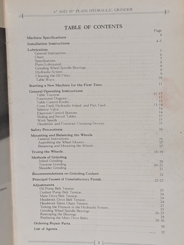 Cincinnati EA 6" & 10" Plain Hydraulic Grinding Machine Operators Instructions