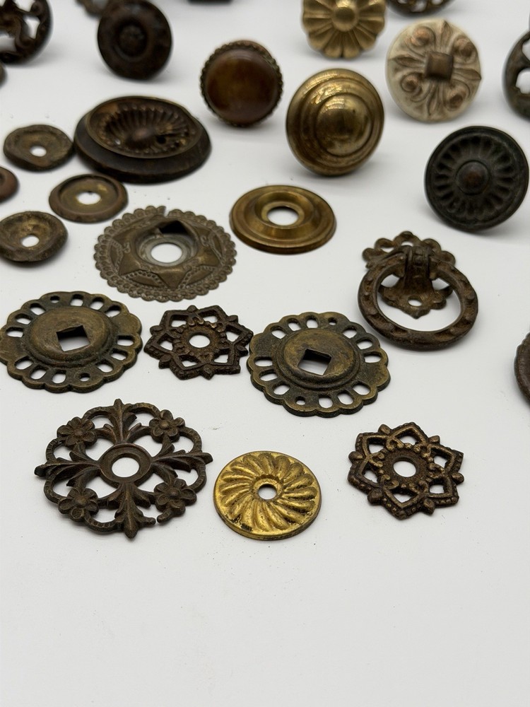 Large Lot Antique Vintage Drawer Knobs Pulls Brass Eastlake Backplates Ring Pull