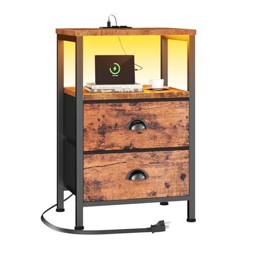 Nightstand with Charging Station, End Table 1 PC Rustic Brown drawer on bottom