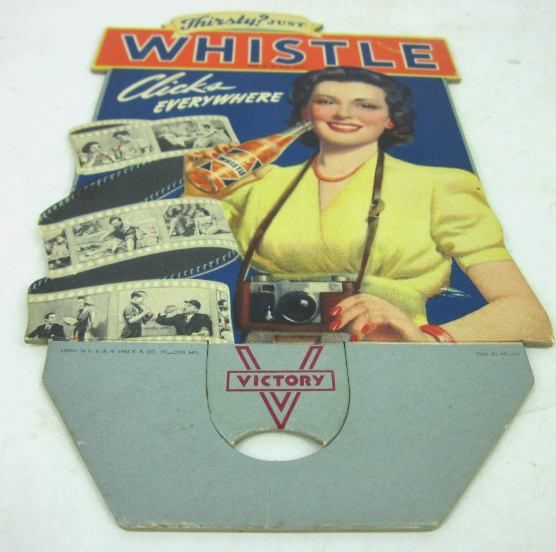1942 WWII Whistle Soda Pop Bottle Topper Advertising Die Cut