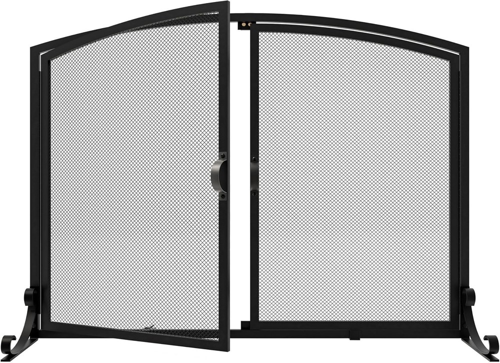 Fire Beauty 2-Pannel Fireplace Screen with Doors, Handcrafted Solid Mesh,Stable