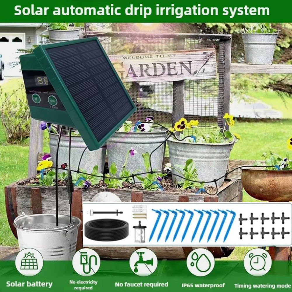 1 SET Solar Automatic Drip Irrigation System with Hose & Timer for Garden