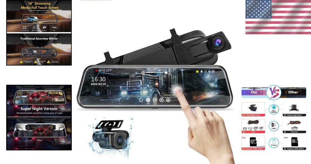 Comprehensive 10'' Touch Screen Dash Cam with Super Night Vision & Crash Sensor