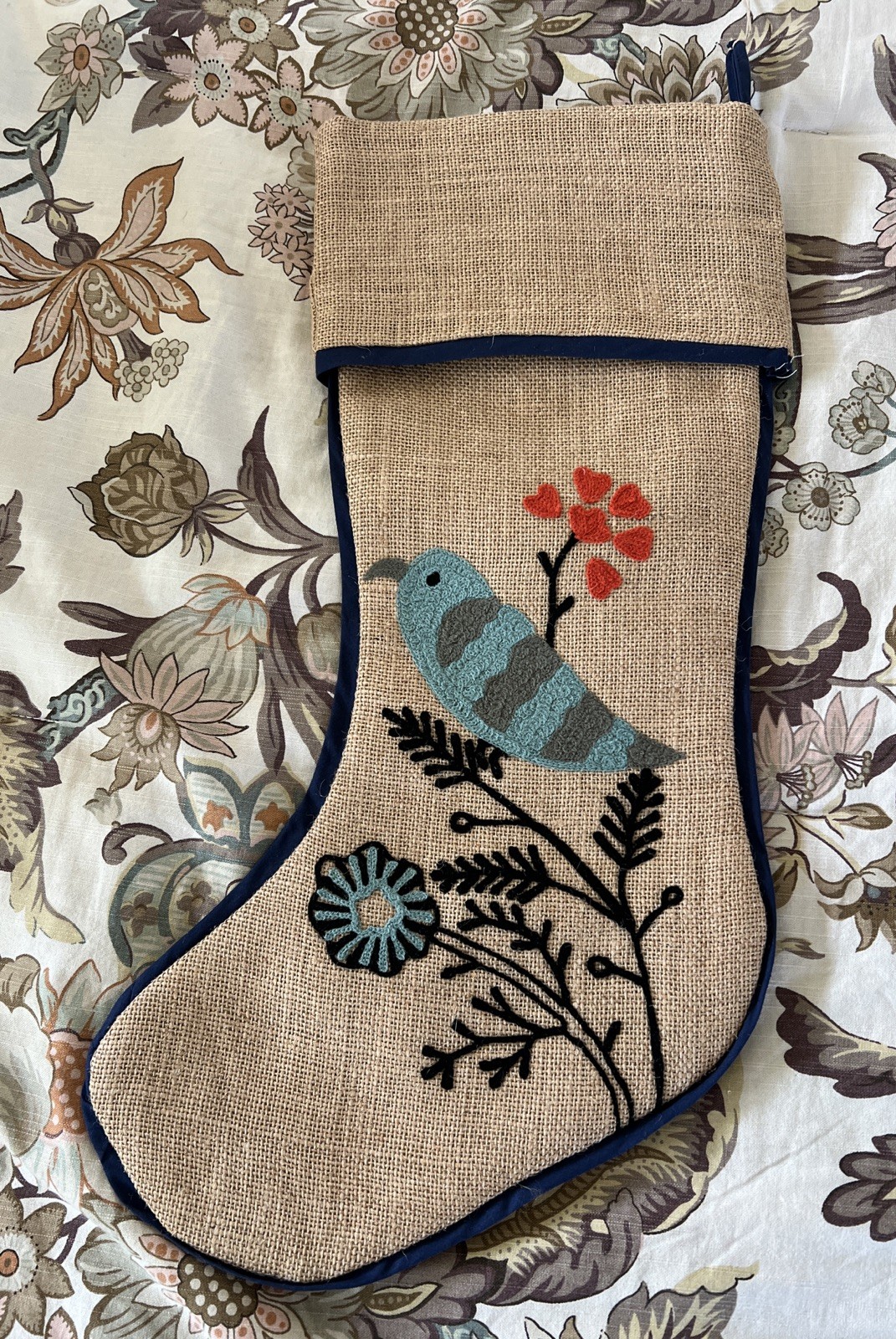 ARCADIA HOME CHRISTMAS STOCKING 100% JUTE EMBROIDERED BLUE BIRD AND FLOWERS