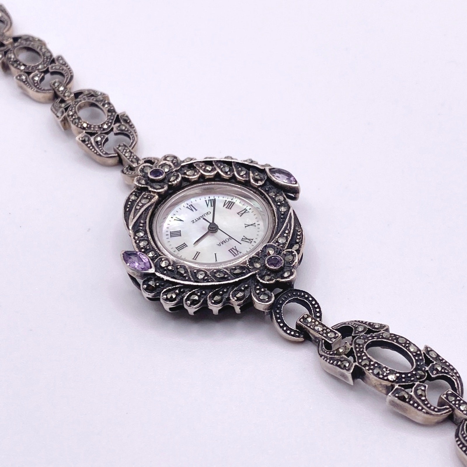 Boma Vintage Sterling Silver With Marcasite And Amethyst Watch 7”