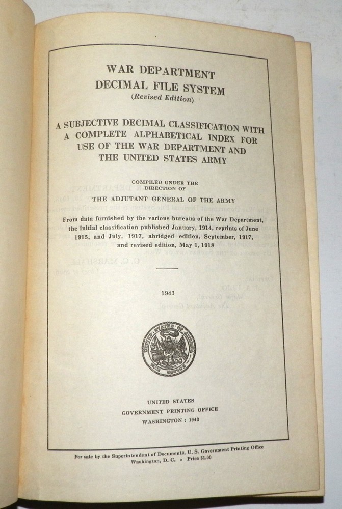 1943 US Army War Department Decimal File System Book
