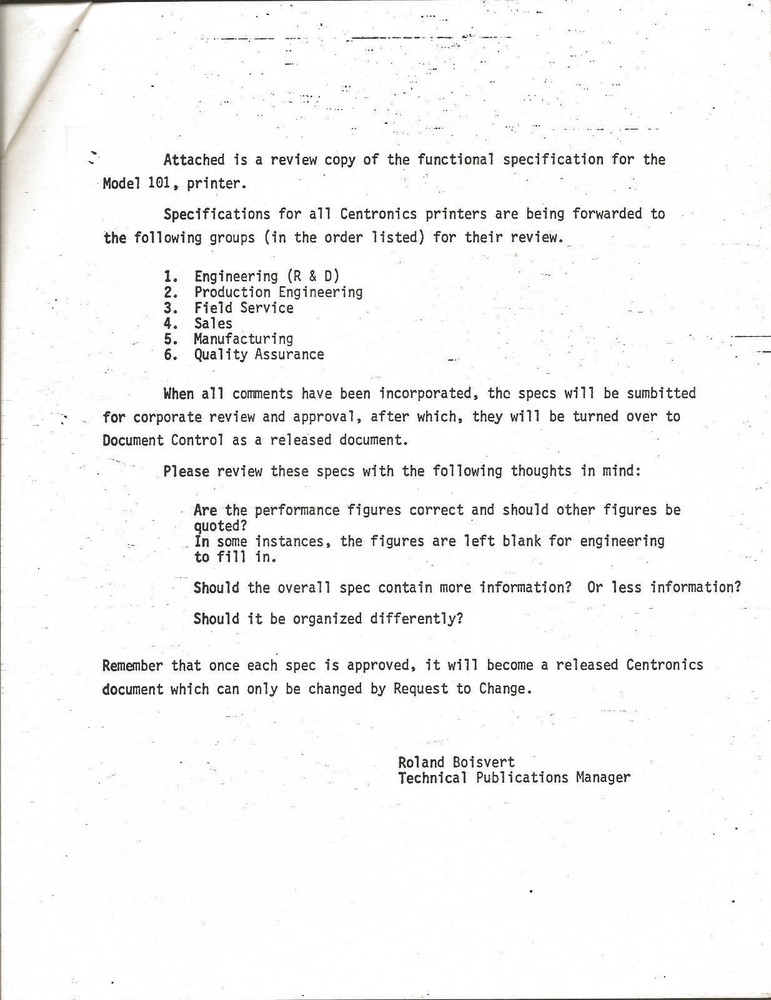 ITHistory (1973) CENTRONICS 101 Printer Functional Specification OF