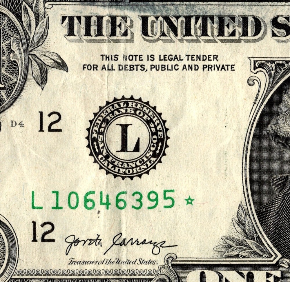 2017 L Star Note FANCY SERIAL NUMBER ONE DOLLAR Regular Run