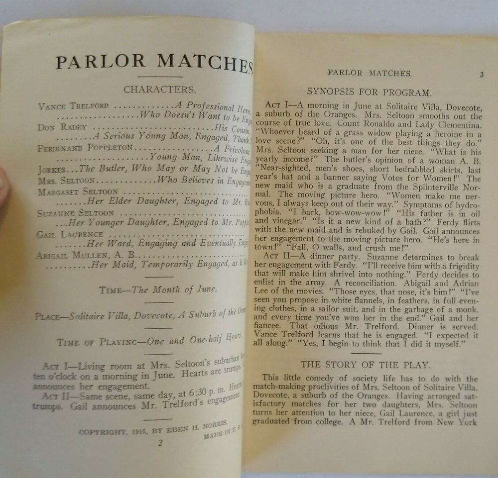 Play Script Denisons Plays Parlor Matches Walter Hare Theater Comedy 1915