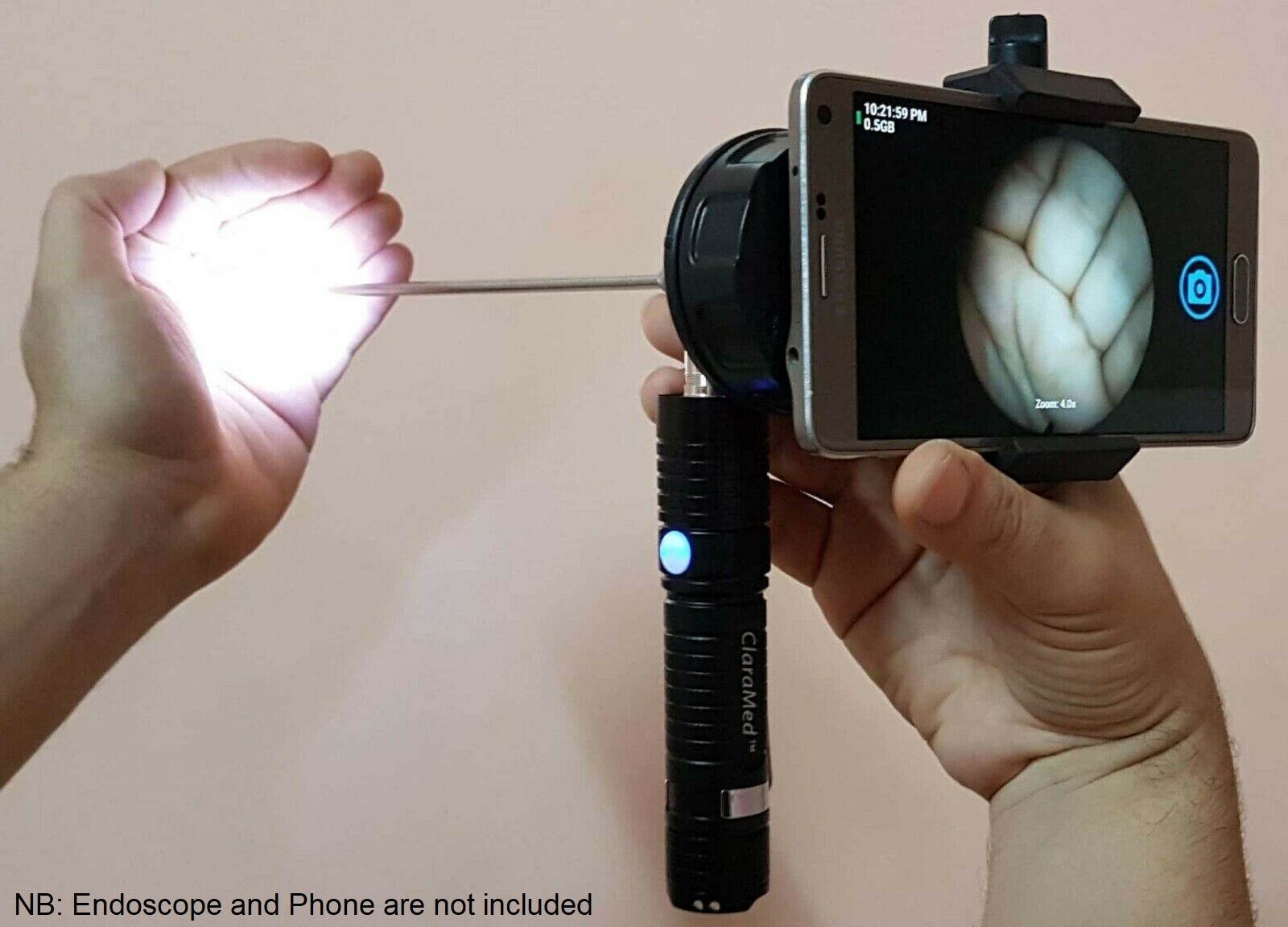 ClaraMed phone endoscope adapter with LED light source, Storz compatible. S1