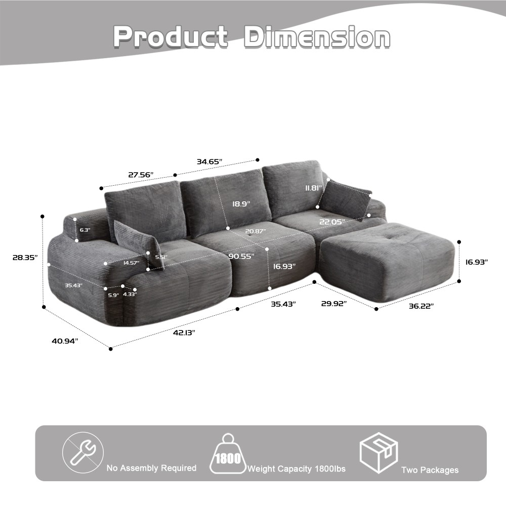 Large Modular Cloud Sofa w/ Memory Foam Corduroy Fabric Grey