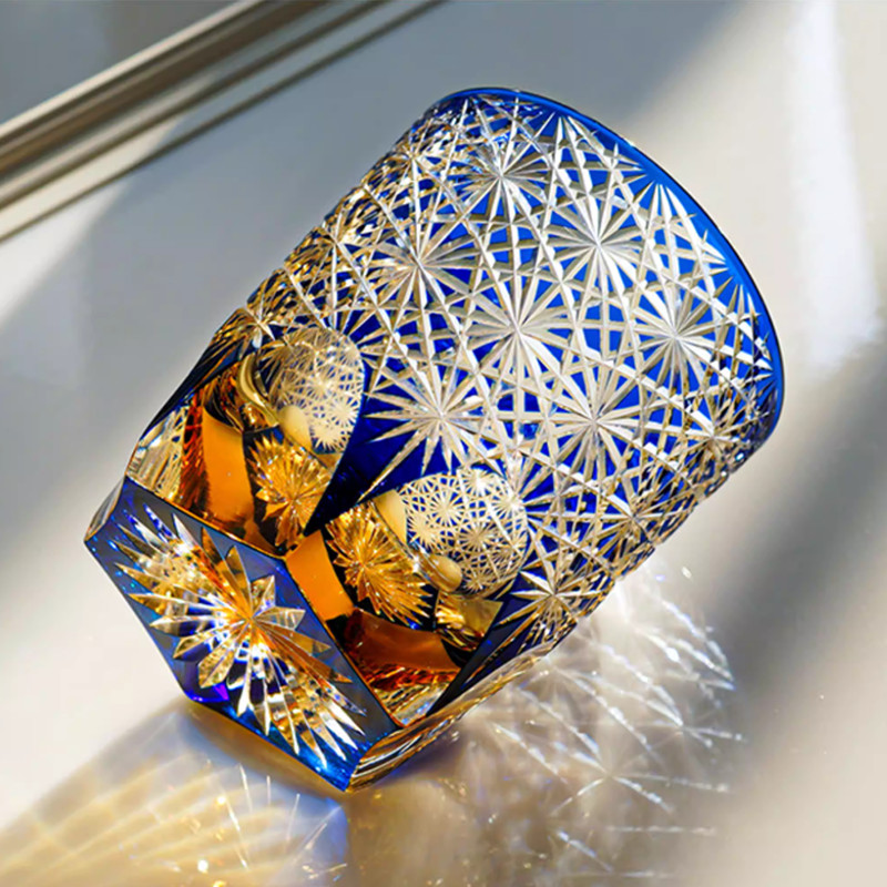 Edo Kiriko Crystal Whiskey Glasses Hand Cut To Clear Blue 9oz Gift Packing