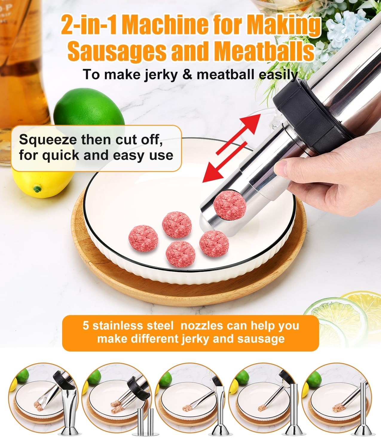 HK Jerky Gun Kits and Meatball Maker, 2.5 LB Stainless Steel Sausage Stuffer