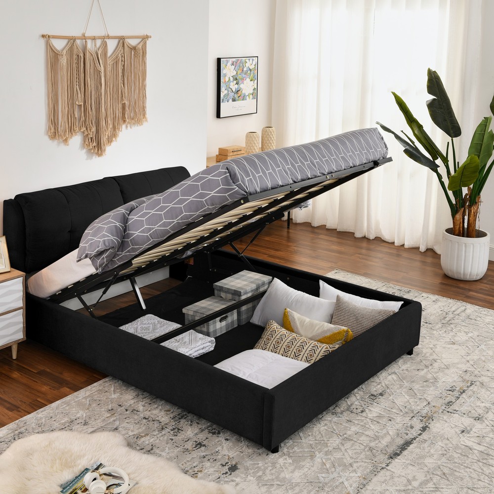 Queen Size Storage Upholstered Hydraulic Platform Bed with Integrated Headboard