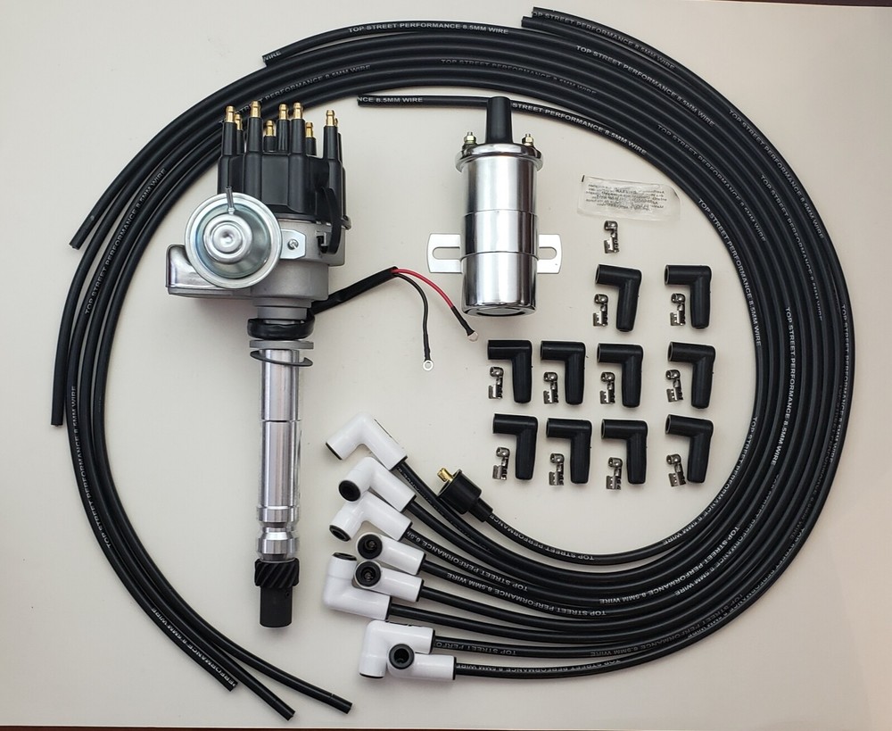 CERAMIC 8.5mm SPARK PLUG WIRES + CHEVY SMALL CAP HEI DISTRIBUTOR + CHROME COIL