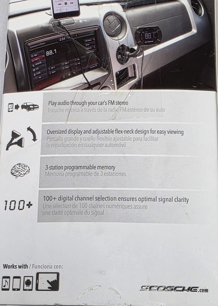 NEW Scosche FMTD13-SP1 Digital FM transmitter with Back Lit Display & Flex-Neck