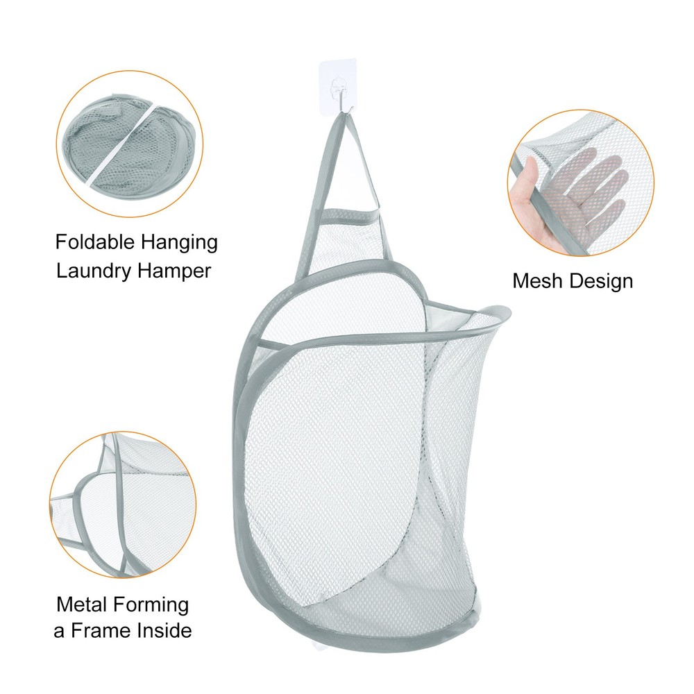 2Pcs Hanging Mesh Laundry Hamper Bag with Hooks for Dirty Clothes, Grey