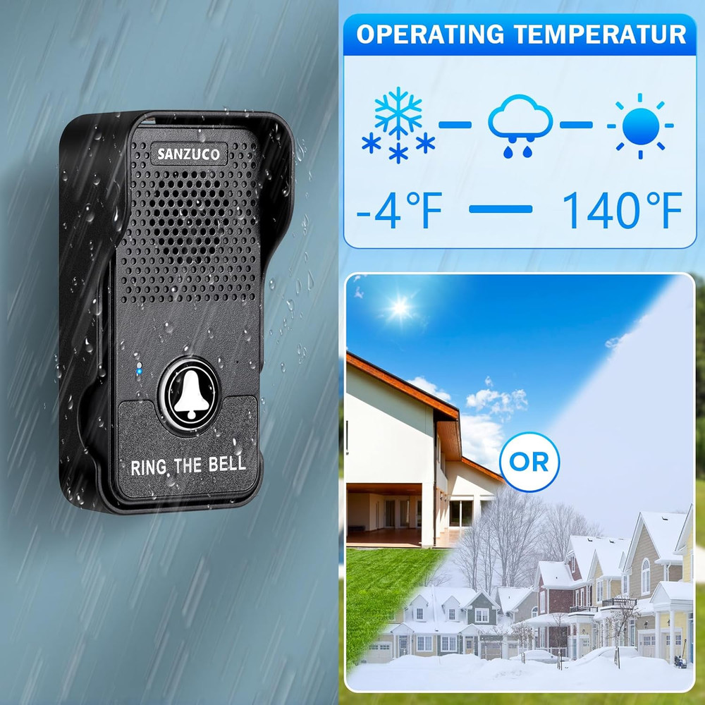 Hands-Free Wireless Doorbell Intercom - 1000ft Range, Waterproof, LED Flash