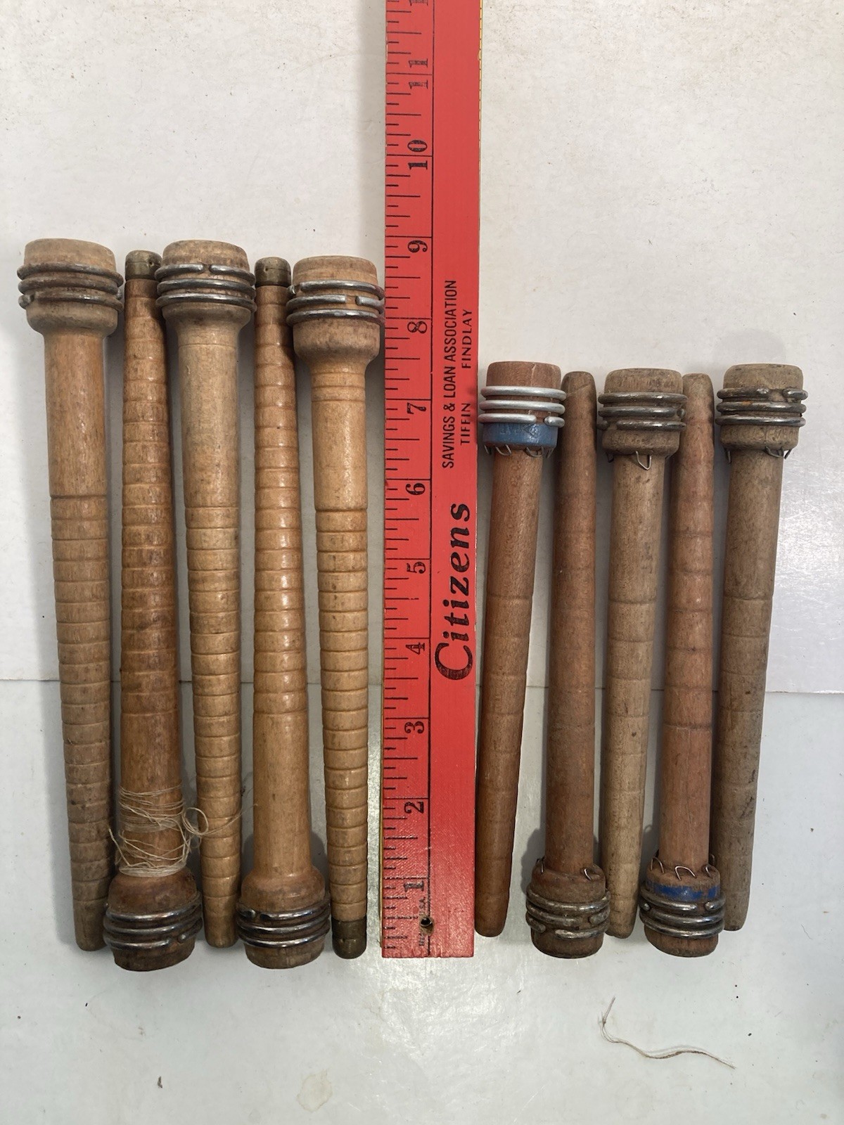Wood Bobbins Quills Vintage Factory Reclaimed, 8 3/4 and 7 3/8", lot of 10