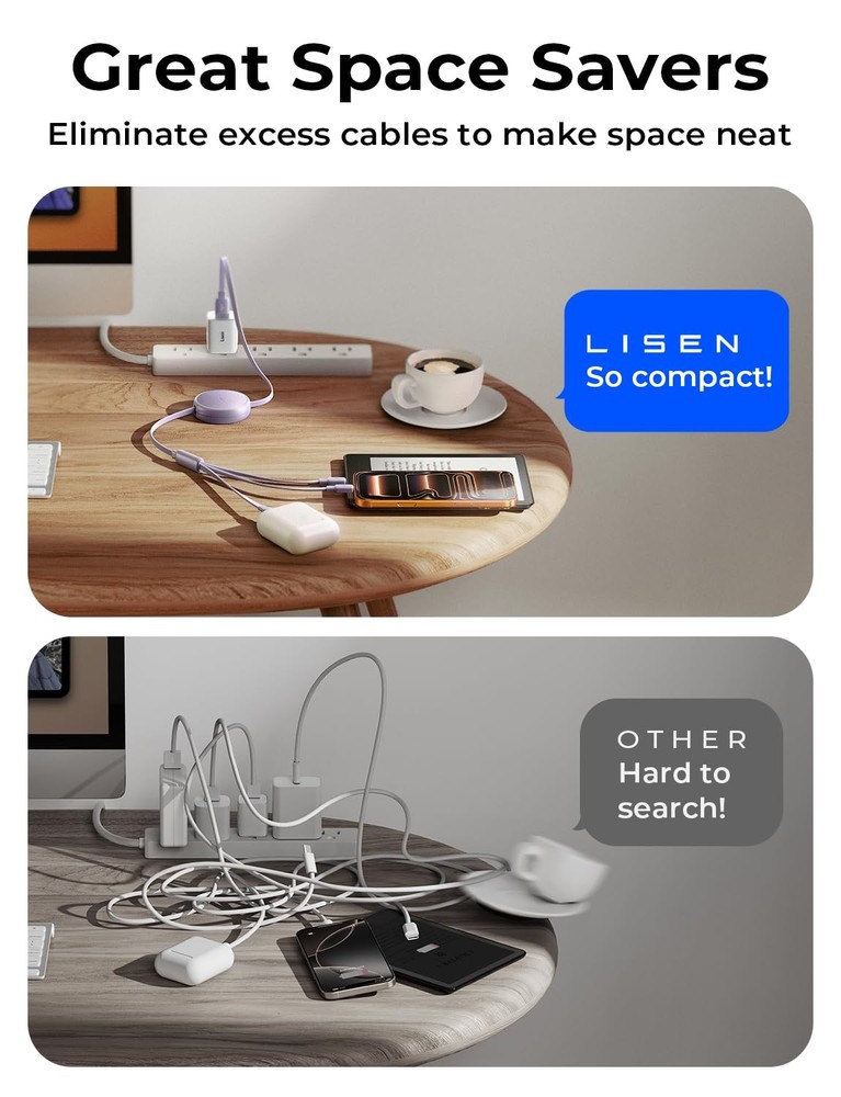 LISEN Multi Charging Cable, 3 in 1 Retractable Black