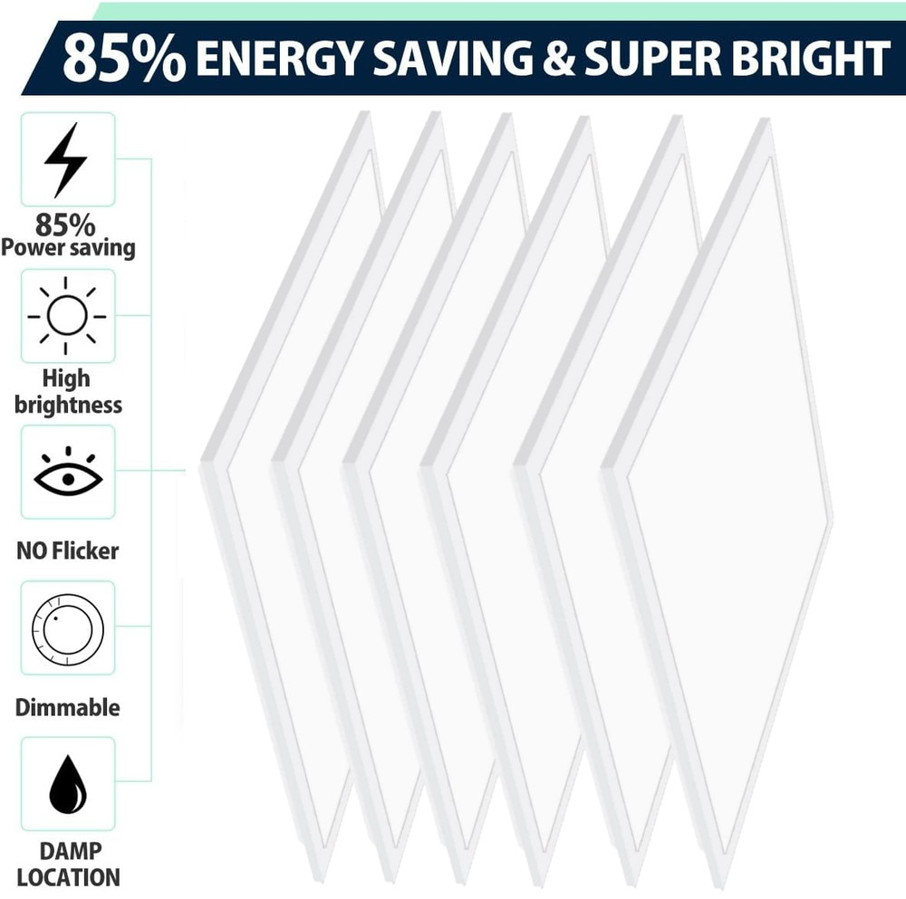 6Pack 2x2 FT LED Flat Panel Lights, Back-lit Drop Ceiling Lights, 0-10V Dimmable