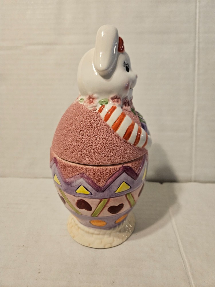 Vintage Ceramic Hand Painted Easter Egg with Bunny Lidded Candy Dish