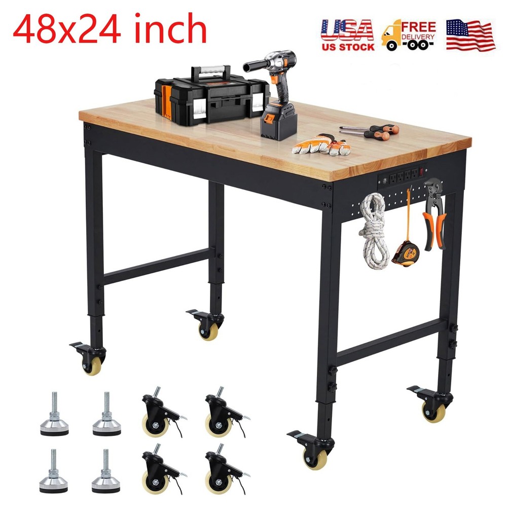 48" Adjustable Height Workbench 2000 LBS Workstation W/ 9.8FT Cable & Casters US