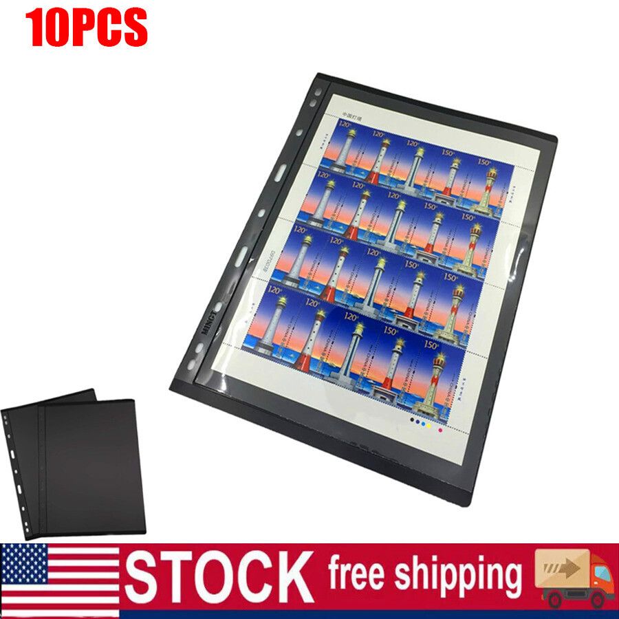 (1 Strip) 10 Sheet of Stamp Stock Pages w 9 Binder Holes - Black & Double Sided