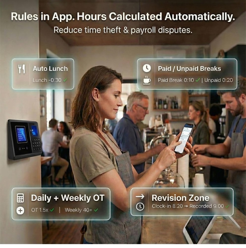 App-Based Time Clock, 5s Setup, Auto Break, Lunch & Overtime Rules, Local Data