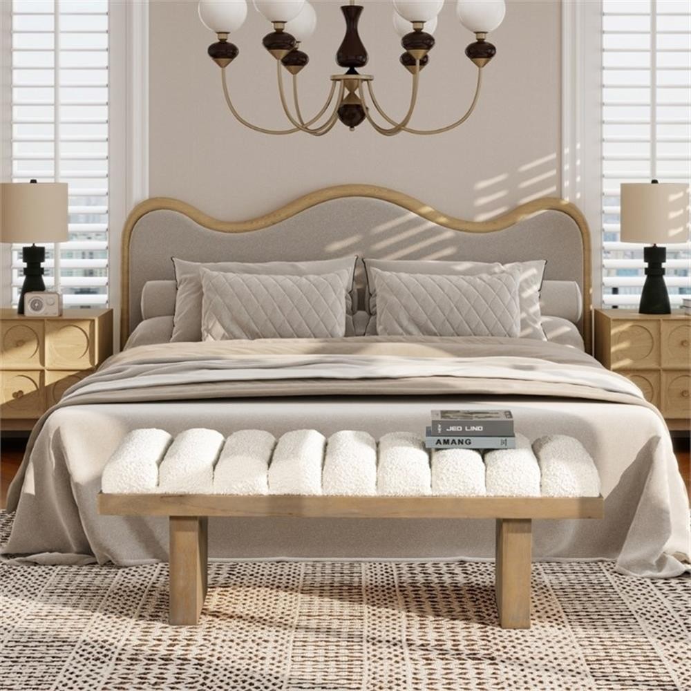 Bella 52" Upholstered Modern Accent Bench Ivory White Boucle