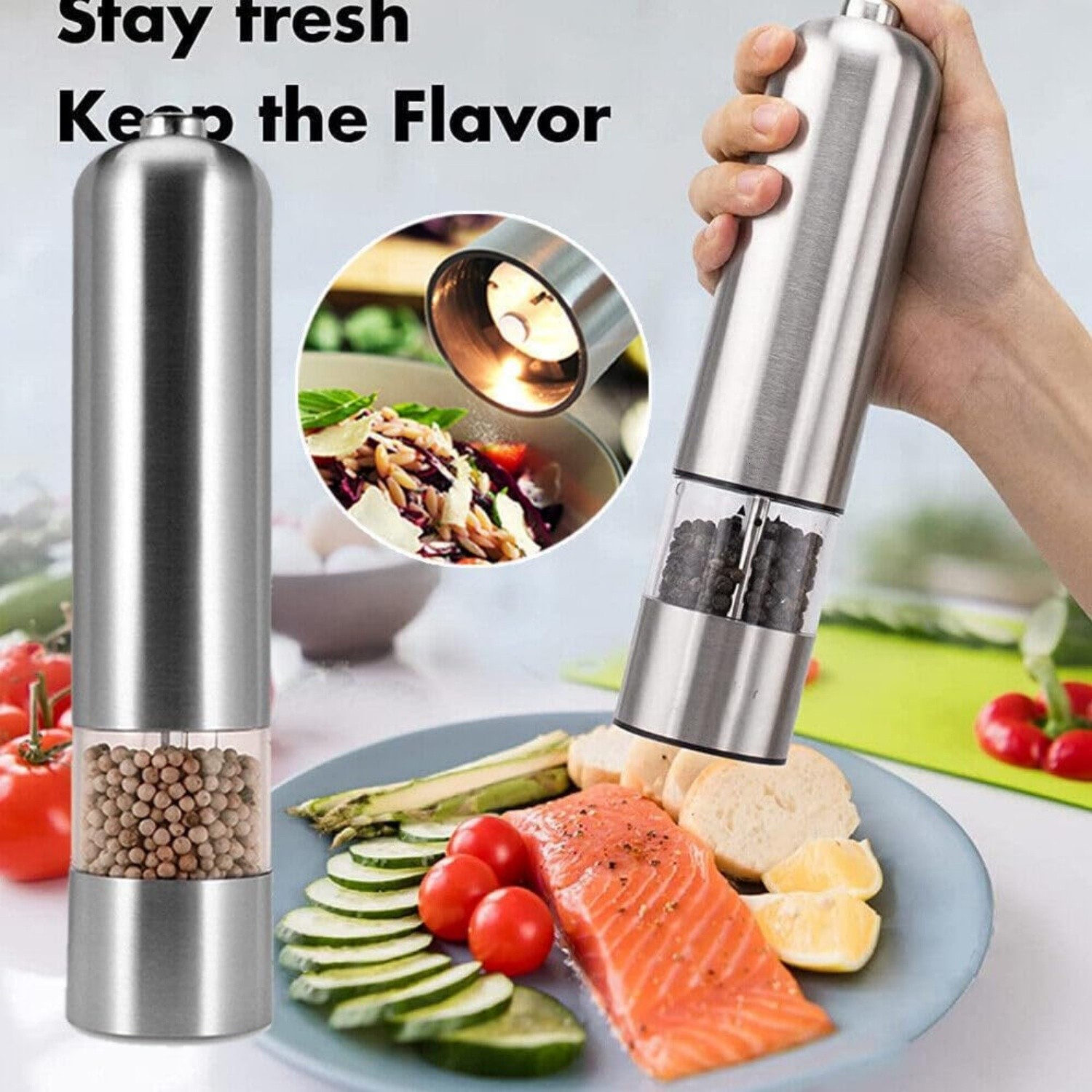 2x Electric Pepper Mill Salt And Pepper Grinder Stainless Steel One Touch Button