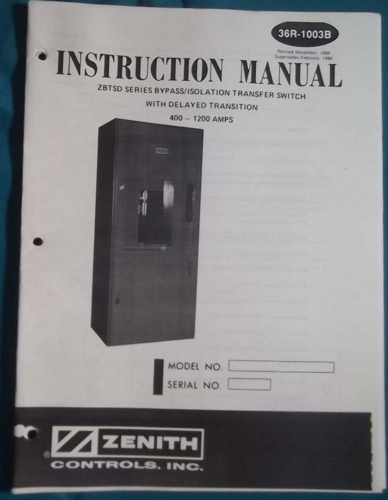 ZENITH ZBTSD BYPASS ISOLATION TRANSFER SWITCH OPERATION & MAINTENANCE MANUAL