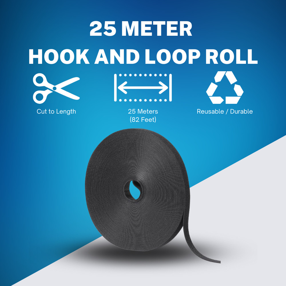 Hook & Loop Fastener, Double-Sided Roll, 25 Meters (82'), Cut to Length