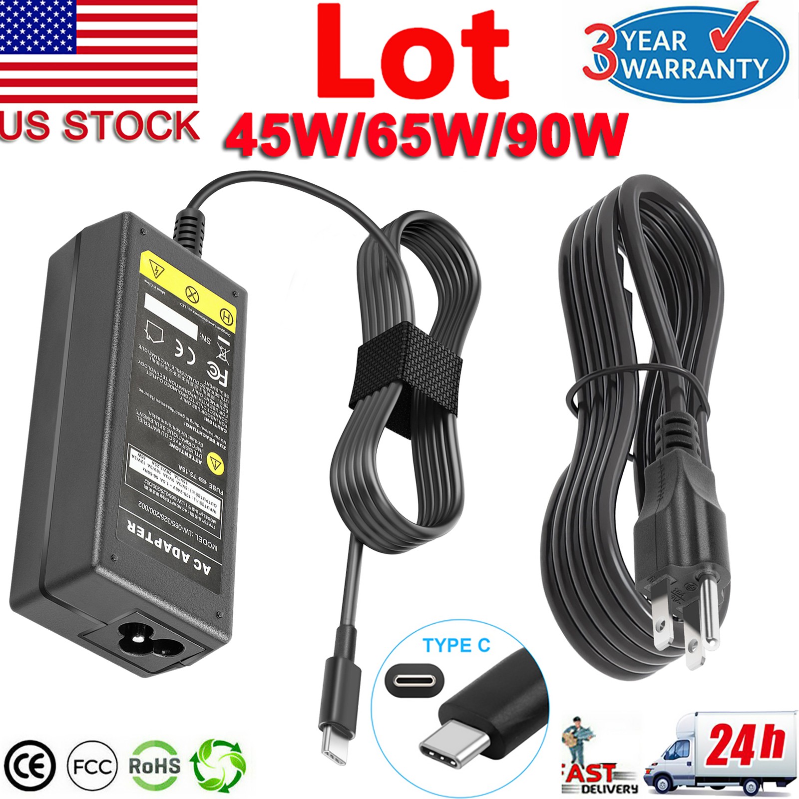 Lot USB C Type C for HP Chromebook Lenovo Acer Asus Samsung Power Laptop Charger