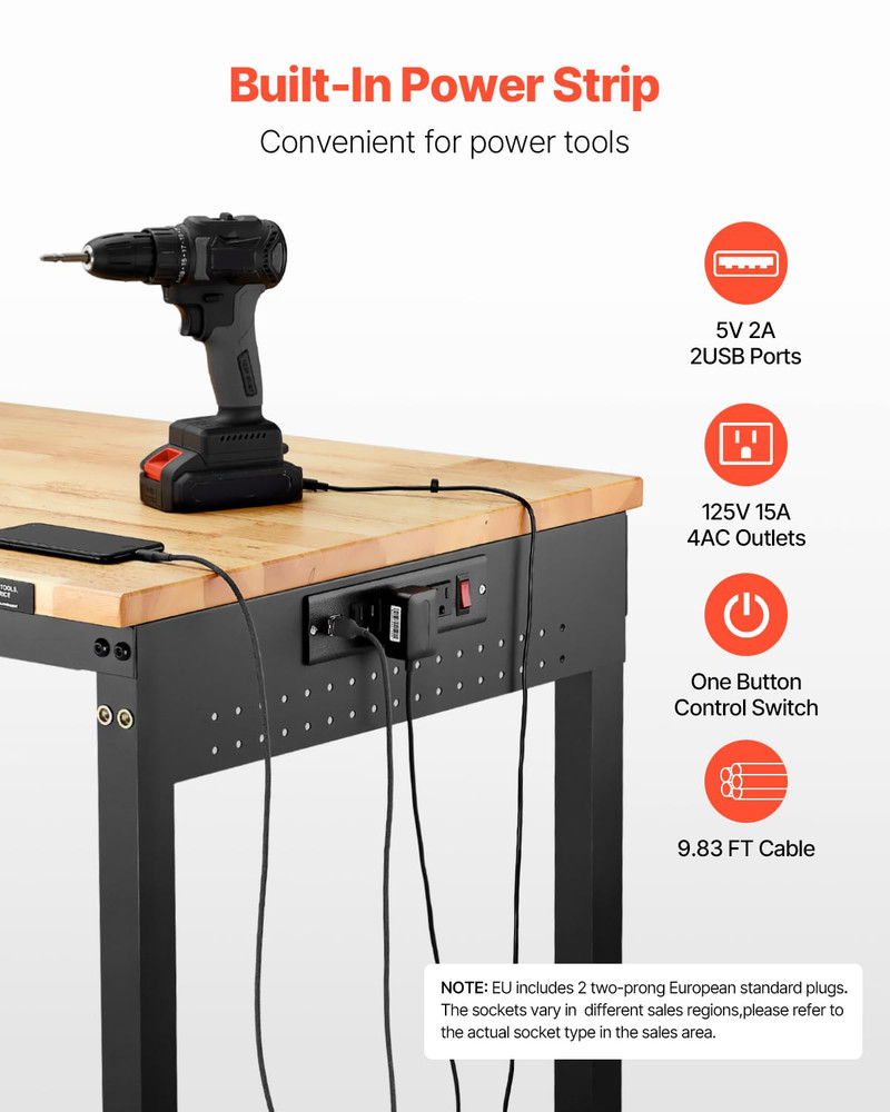 Adjustable Workbench, 48-Inch Work Bench with Power Outlet, Wheels, and Pegboard