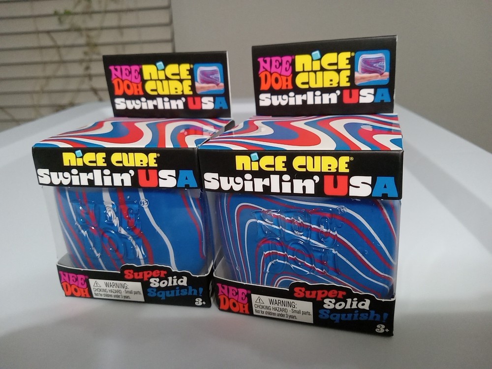 2 Pack Nee Doh Nice Cube Swirlin' USA Squeeze Cube, Super Solid Squish 2.5 in