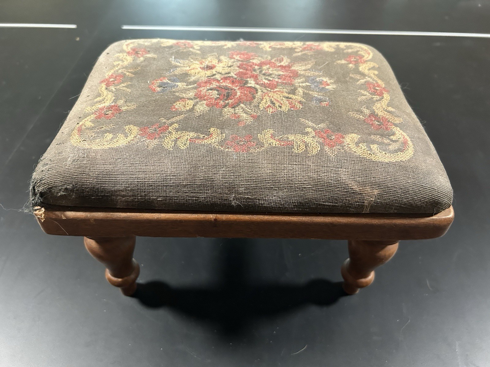 Vintage needlepoint footstool square wooden legs floral