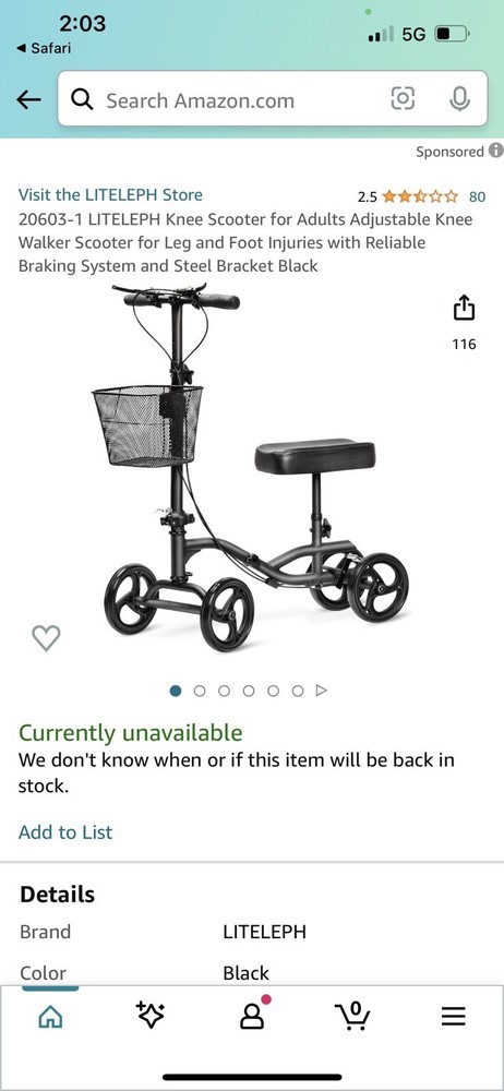 Liteleph Knee Walker 20603-2 Black Scooter