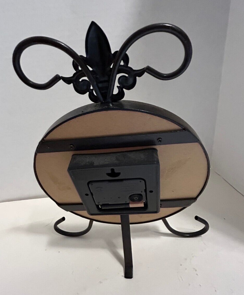 Clock, Round, Wrought Iron Rustic Look, Table Clock 11 1/2" Tall. A battery