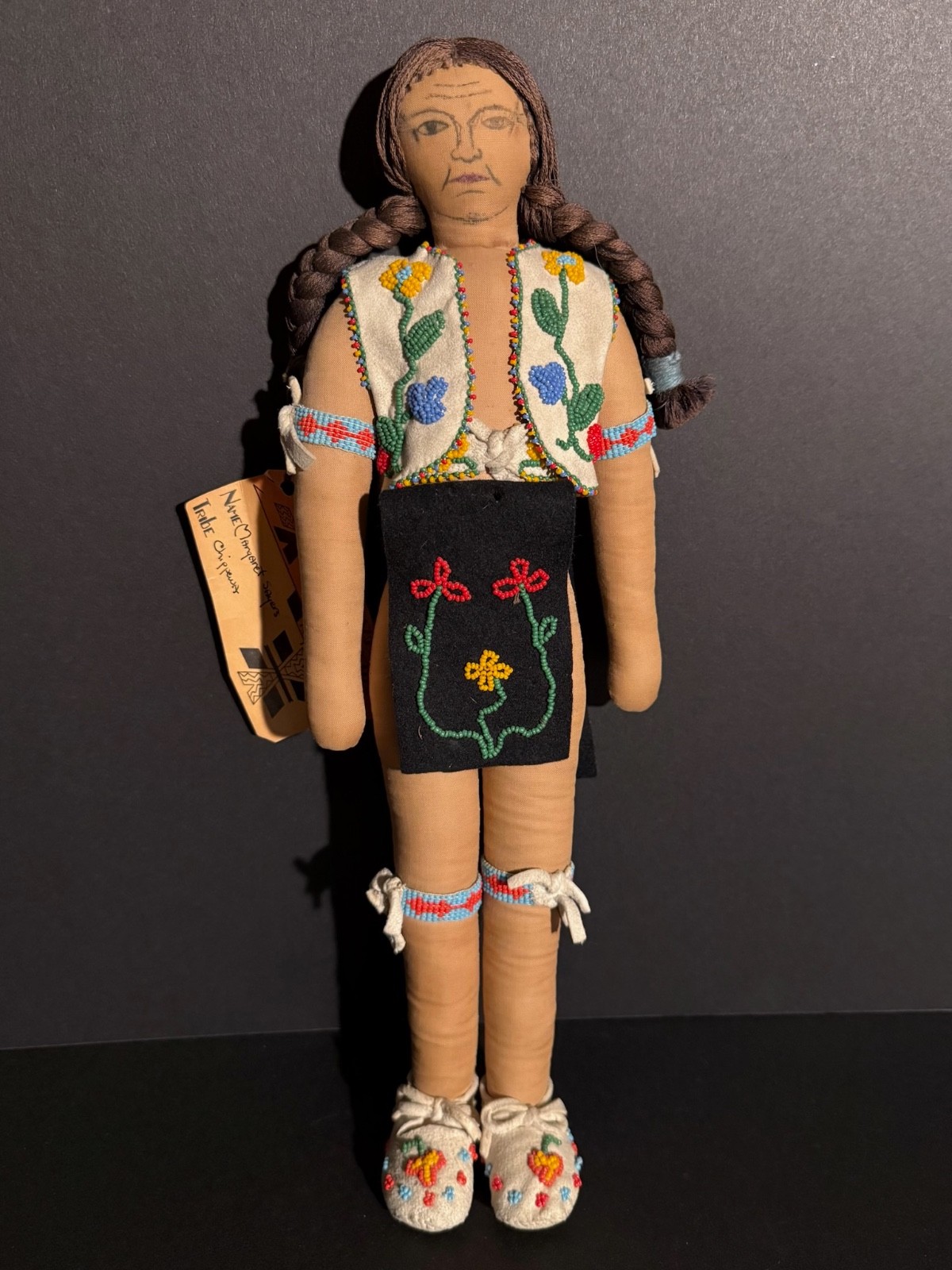 EXCEPTIONAL CHIPPEWA BEADED DOLL, “HASKELL INSTITUTE” TAG, DRAWN FACE, EXCELLENT