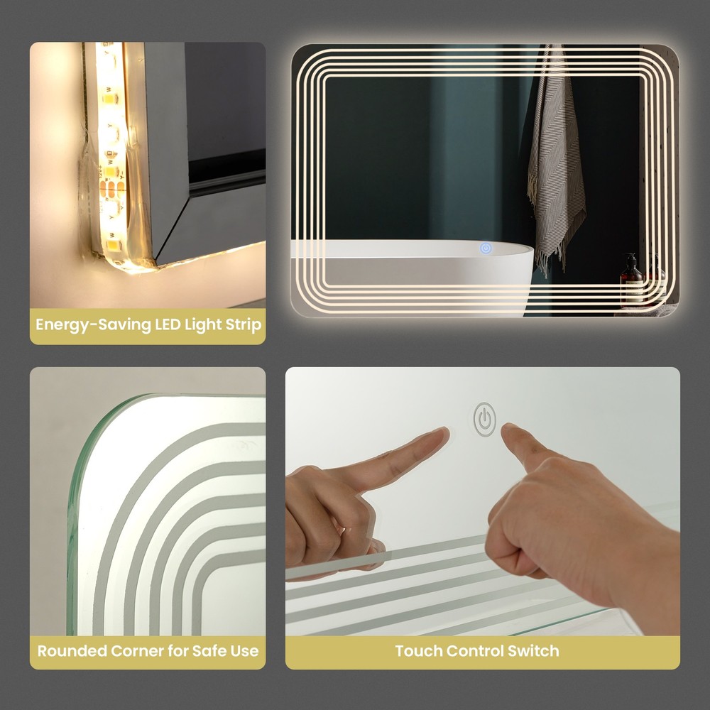 Rectangle Bathroom LED Mirror Wall Mounted 3-Color Dimmable Touch Switch Makeup