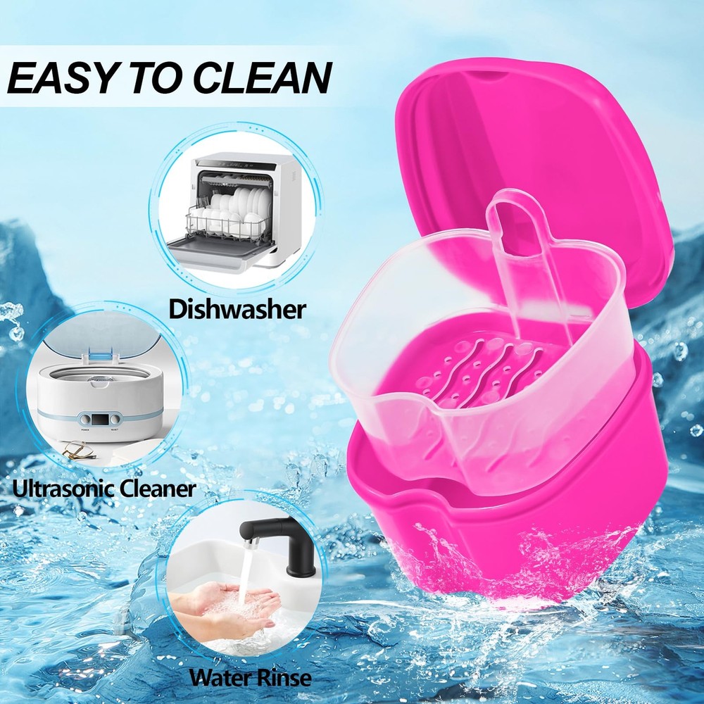 EZEELAI Denture Cup Retainer Cleaning Case False Teeth White & Rose Red