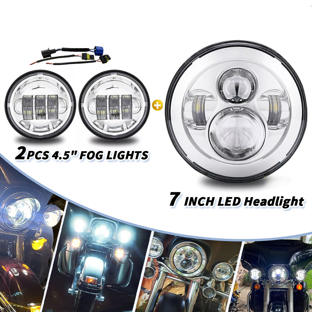 7Inch 140W LED Headlight Hi/Lo + 2Pcs 4.5Inch 80W Fog Light for Harley Davidson
