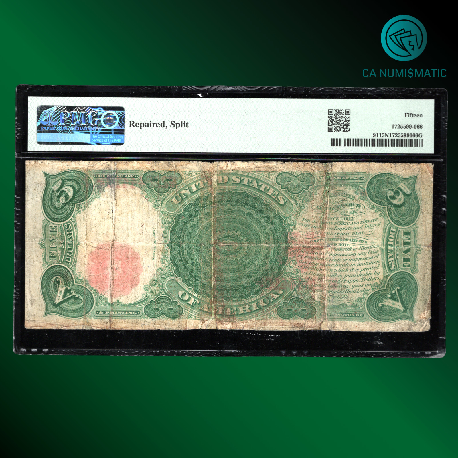 Fr.91 1907 $5 Five Dollar Legal Tender Note, WOODCHOPPER, SCARCE, PMG 15, 44410