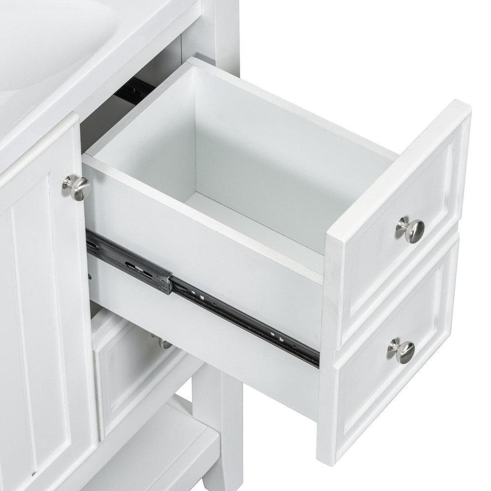White Bathroom Vanity with 36” Ceramic Sink, Solid Wood & MDF, Ample Storage,