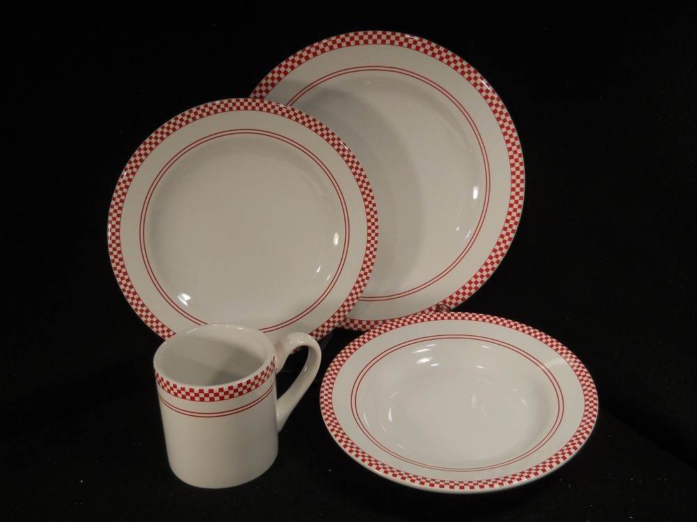 Emeril Red Checkboard Dinnerware~4 pc Place Setting~Dinner/Luncheon/Salad