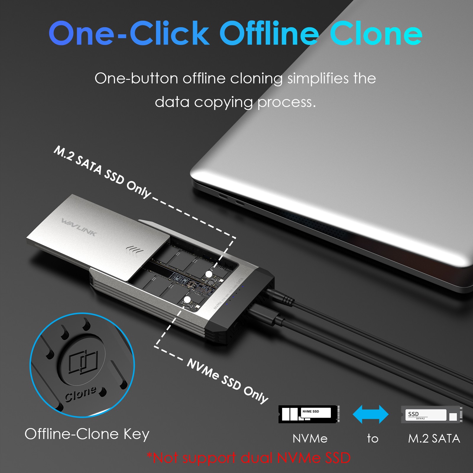 Dual-Bay Offline Clone M.2 SSD NVMe Cloner 10Gbps USB-C Hard Drives Enclosure